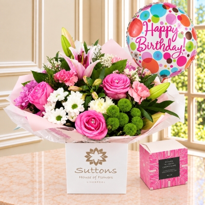 Pretty  Pink Handtied with Birthday Balloon and chocolates