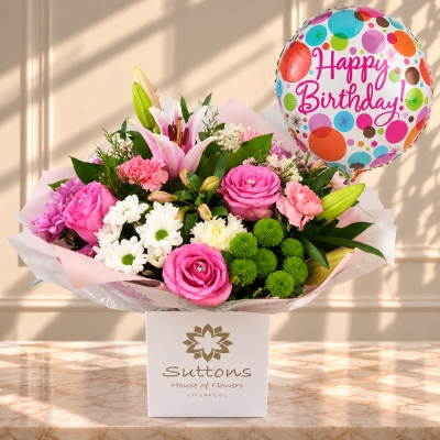 Pretty Pink Handtied with Birthday Balloon