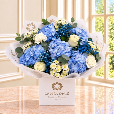 blue and white  hand tied