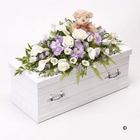 Childrens Casket Spray with Teddy Bear   Blue and Lilac