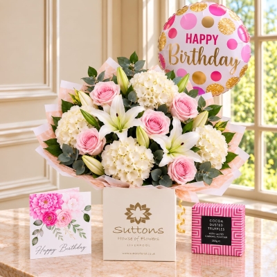 Lily,Rose and Hydrangea hand tied with balloon, card and chocolates