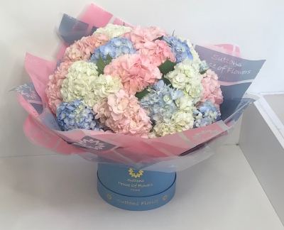 pastel hydrangea luxe hatbox