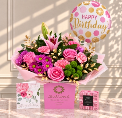 Timeless Beauty Handtied With balloon, choc truffles and birthday card