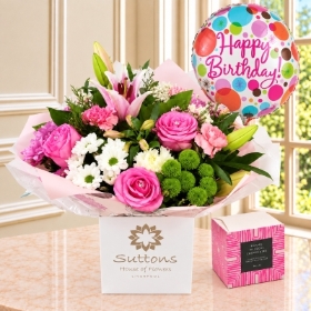 Pretty  Pink Handtied with Birthday Balloon and chocolates