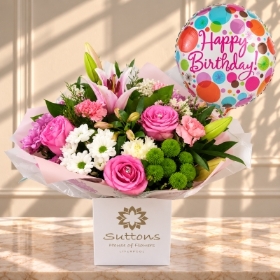 Pretty Pink Handtied with Birthday Balloon