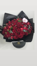 50 Red Roses in luxe hatbox