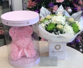 WINTER SPARKLE HAND TIED WITH CHOCOLATE  AND LUXURY TEDDY BEAR